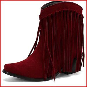 Women's Tassel Suede Square Toe Chunky Heel Ankle Boots Slip On